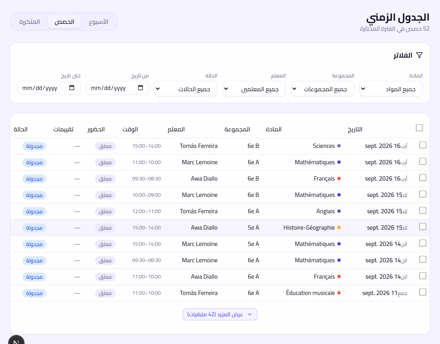قائمة الحصص، مع حالة إدخال كل كشف حضور
