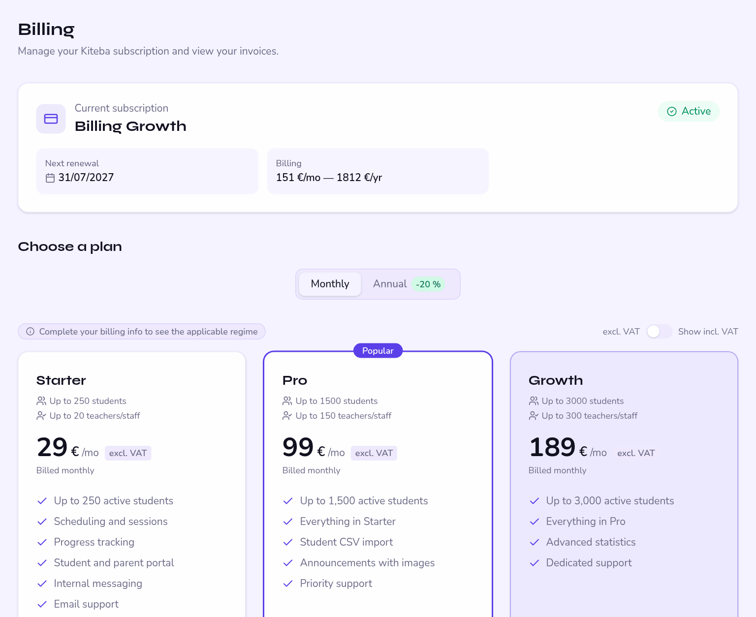 subscription page: current plan, usage and options