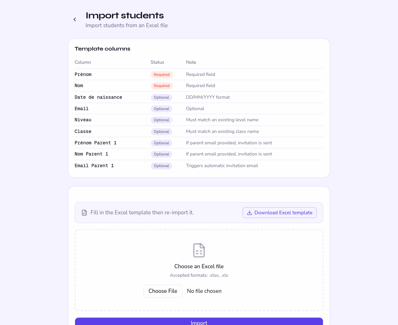 import screen, with the spreadsheet template to download