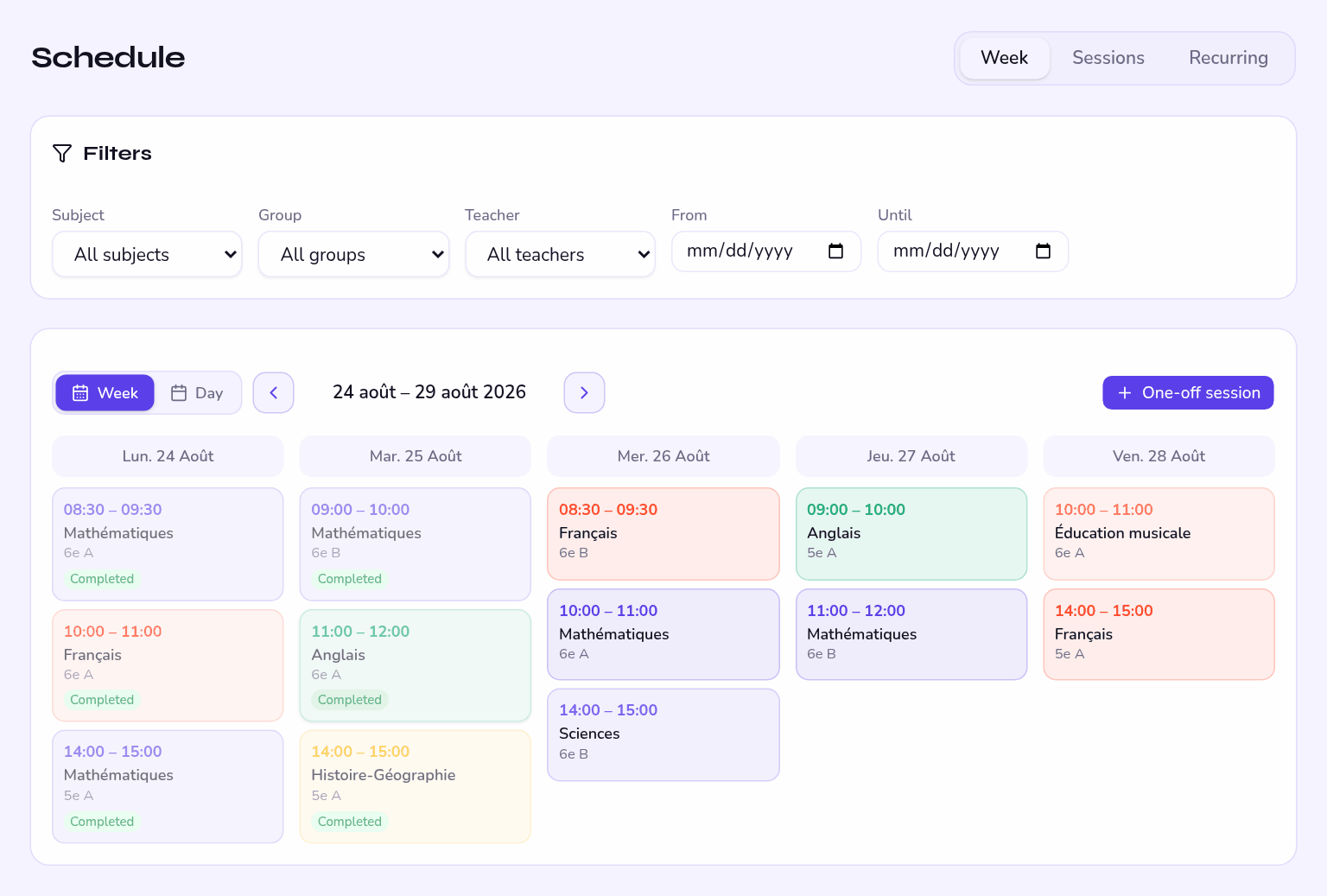 weekly timetable view, filters by teacher and group
