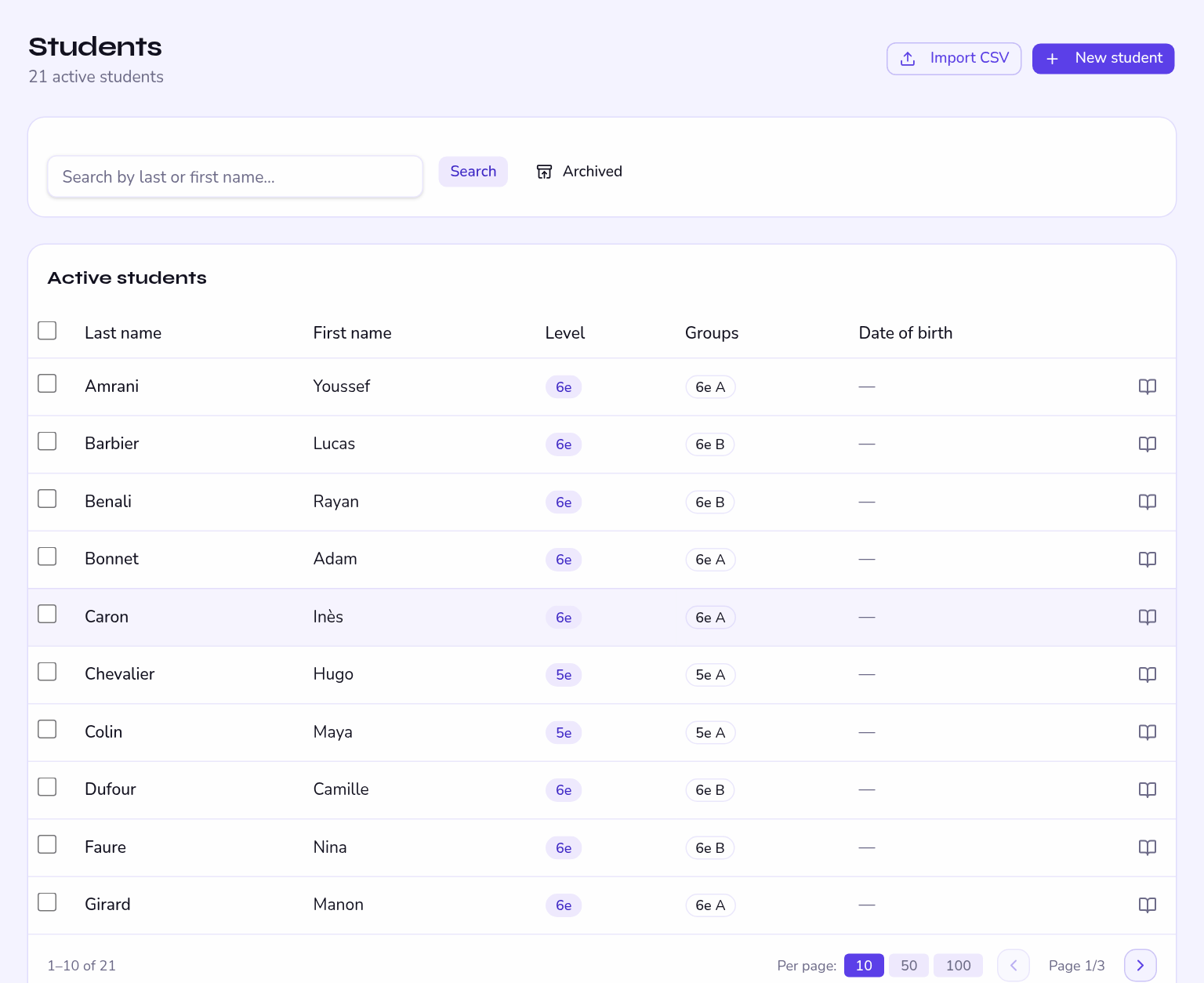 student list, with its filters and multiple selection