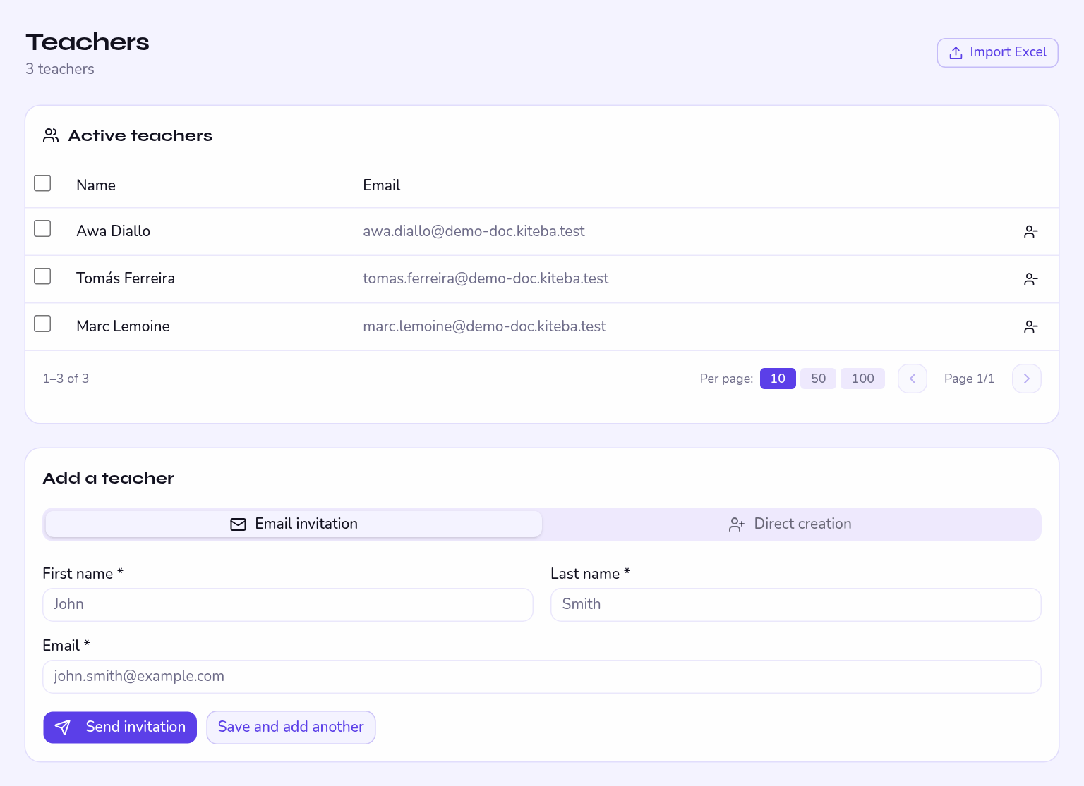 teacher list and invitation button