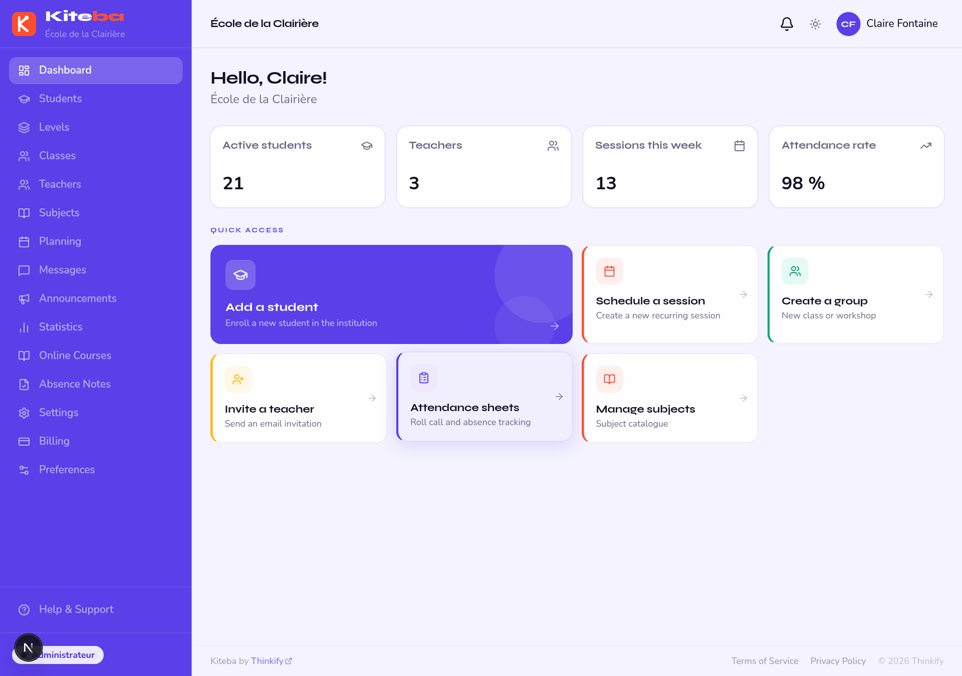 header and main menu, administrator view