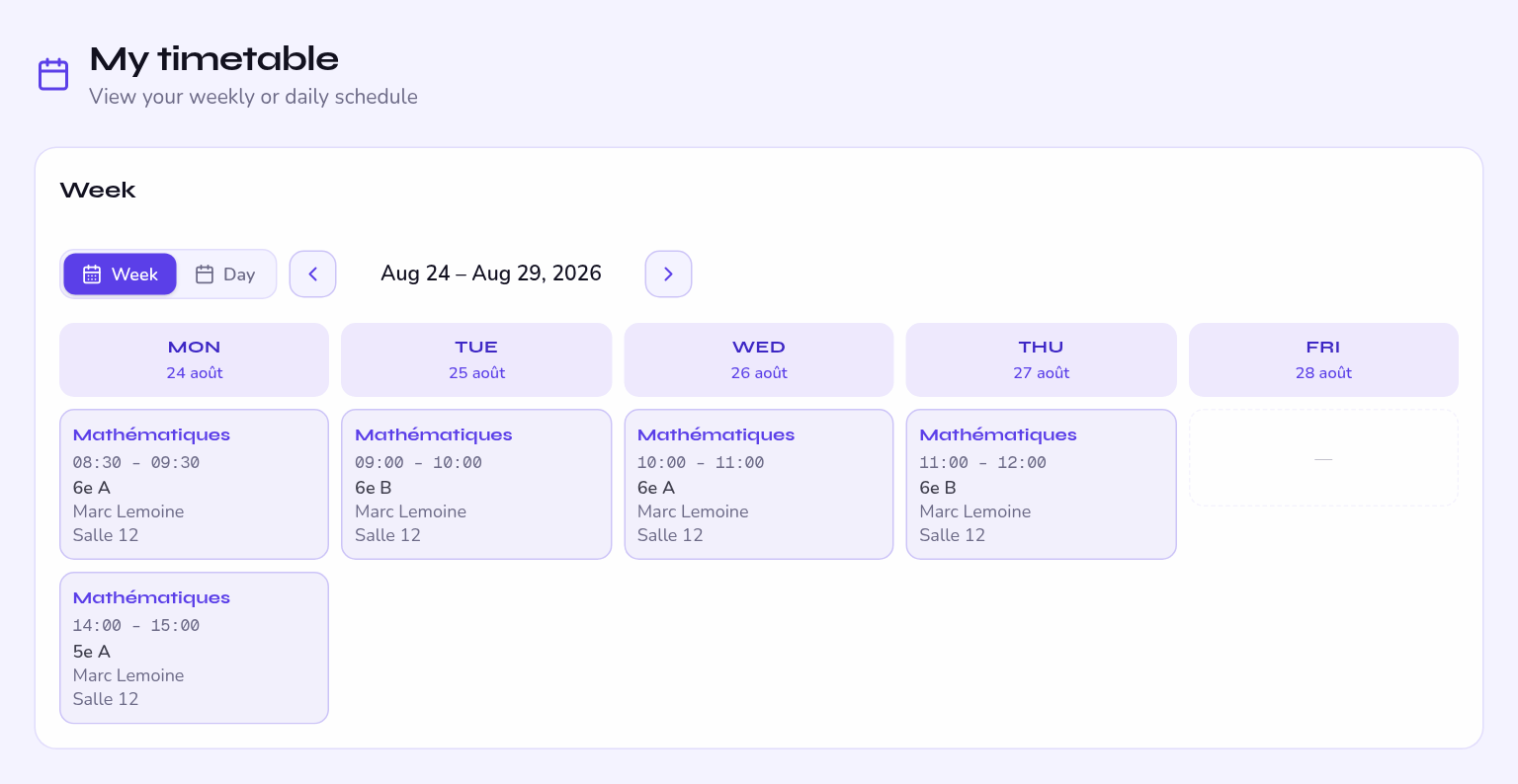 weekly schedule, teacher view