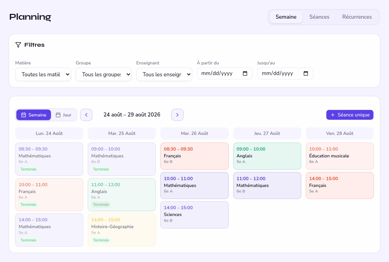 vue hebdomadaire du planning, filtres par enseignant et par groupe