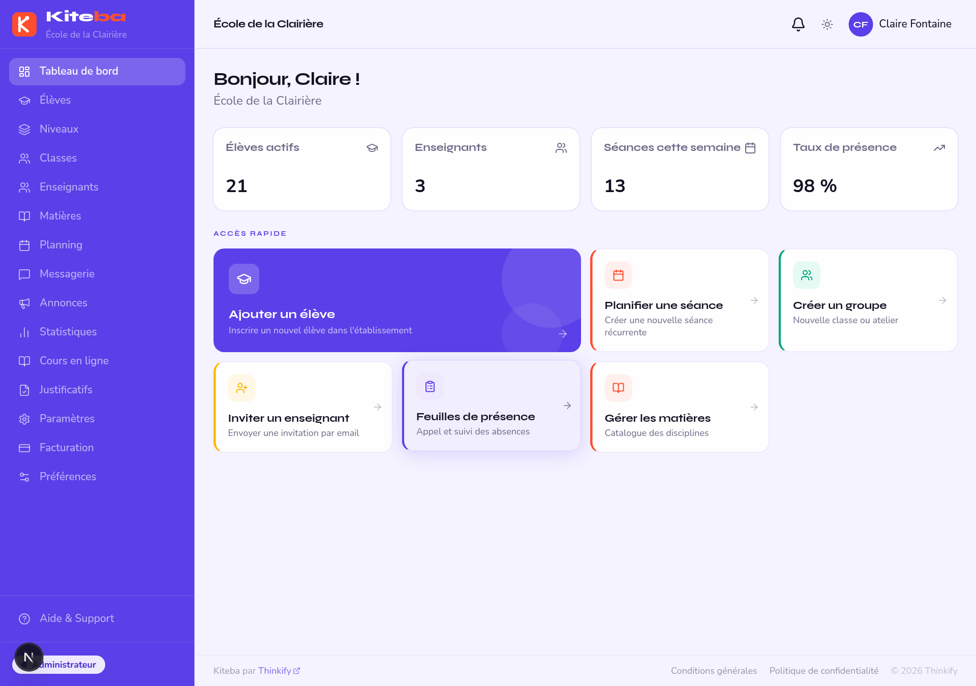 en-tête et menu principal, vue administrateur
