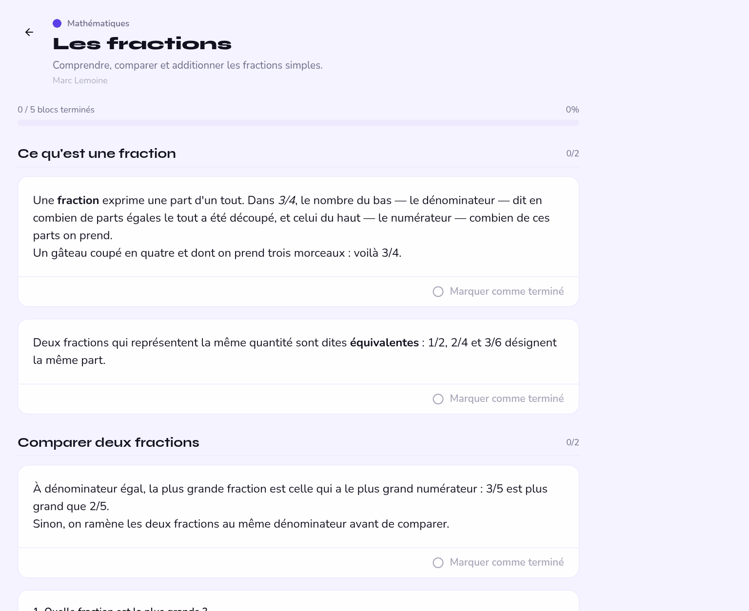 un cours en ligne parcouru par un élève