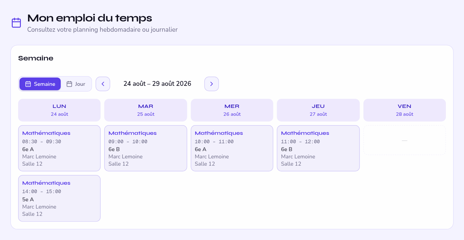 planning hebdomadaire, vue enseignant